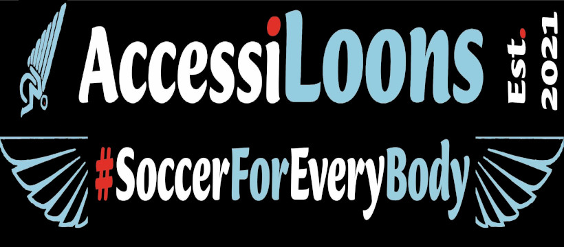 A graphic mock-up of the AccessiLoons soccer scarf. The top of the graphic features the text “AccessiLoons” in large white and light blue letters with “Est. 2021” vertically on the right. A stylized wing design appears on both ends of the scarf. The bottom of the scarf reads “#SoccerForEveryBody” in a mix of red, white, and light blue, with additional wing designs on each side, all against a black background.